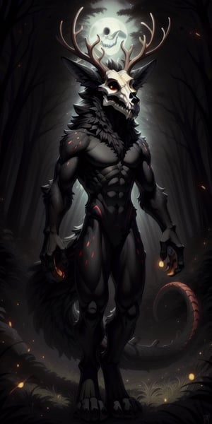 full frontal body image of a solo femboy ((male)) ((jackal)) (wendigo), ((shaggy black and red fur)), ((jackal ears)), a (((wolf skull for a head))), ((antlers)), red claws, ((dragon tail)). He is slender, sleek, skinny, lean ((emaciated, skinny, gaunt)). Moonlit forest

skulldog,front_view,black_body,digitigrade,furred_dragon,orange_eyes,scales,finger_claws,pawpads,solo,horns,eastern_dragon,antlers,
,portrait,firefliesfireflies,horror (theme)