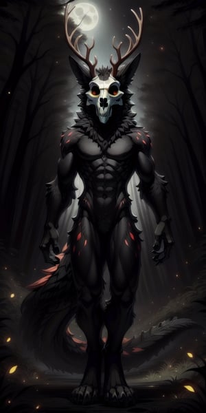 full frontal body image of a solo femboy ((male)) ((jackal)) (wendigo), ((shaggy black and red fur)), ((jackal ears)), a (((wolf skull for a head))), ((antlers)), red claws, ((dragon tail)). He is slender, sleek, skinny, lean ((emaciated, skinny, gaunt)). Moonlit forest

skulldog,front_view,black_body,digitigrade,furred_dragon,orange_eyes,scales,finger_claws,pawpads,solo,horns,eastern_dragon,antlers,
,portrait,firefliesfireflies,horror (theme)