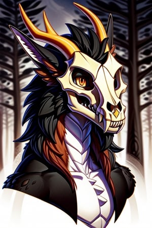 Please create for me a head shot image of a solo femboy ((male)) ((jackal)) (wendigo) furry eastern (dragon) with ((shaggy black and red fur)), ((jackal ears)), a (((dragon skull for a head))), (((fangs))), horns, red claws, long (dragon tail) with fluffy red tuft. He is slender, sleek, skinny, lean ((emaciated, skinny, gaunt)). He's in a night time foggy forest.

front_view,black_body,digitigrade,furred_dragon,orange_eyes,scales,finger_claws,pawpads,tail,solo,horns,eastern_dragon,antlers,in_profile,head_shot,diphallism

Please fit the subject in frame, do not cut off the antlers or ears. Thank you.
