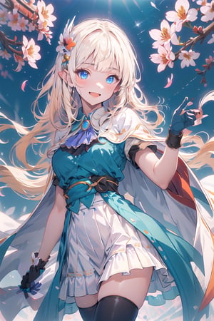 (photorealistic:1.2), (masterpiece, sidelights, exquisite gentle eyes), (character focus,face focus,close to viewer,portrait,masterpiece,) anime colored, cute face, 3D face,aasaren, long hair, blonde hair, hair bow, black bow, hair ornament, blunt bangs, pointy ears, large breasts, brooch, white cape, aqua dress, underbust, short sleeves, white gloves, white skirt, frilled skirt, white thighhighs,
(cute face), (tender smile:1.5), Gentle face,(gradient background), (glowing eyes), 
neat and clean, adorable, Slim Body,(tareme:1.2), shiny hair, shiny skin ,niji,sketch,manga,（Simple Sakura:1.4),(Sakura background:1.2),
(flower:1.4),idle animation,（Long shot:1.6), (beautiful breasts), (onee-san), (sexy girl), (calm gaze), 
,pastel,1girl,aasaren