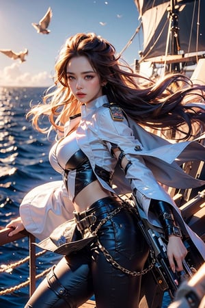 A young female pirate with long hair, holding a pirate gun in her hand, wearing nothing but putting on a coat with fur and feather, the coat fluttering in the wind, leather pants, leather boots, she is on a pirate ship, there is smoke floating behind, there are people who is falling into the sea, there is ocean, there is sunlight, backlit shooting, the light and shadow are obvious, and the movie atmosphere.,Ji-hyo, Kgirl01