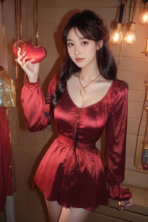 beautiful, good hands, full body, good body, 18 year old girl body, sexy pose, arcane style, clothes with accessories, brown hair, straight hair, fair skin, light eyes, red flower in the girl's hair,1girl,glitter,shiny,Marionette,huge breasts, chiffon smock mini shirt dress in red, mechanical heart necklace,textured long sleeve mini dress with button front and collar in burgundy,chinagirl03, averagegirl03