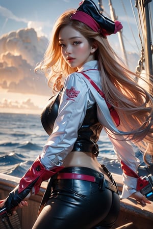 A young female pirate with long hair, holding a pirate gun in her hand, wearing nothing but putting on a coat with fur and feather, pirate hat, eye patch, the coat fluttering in the wind, leather pants, leather boots, she is on a pirate ship, there is smoke floating behind, there are people who is falling into the sea, there is ocean, there is sunlight, backlit shooting, the light and shadow are obvious, and the movie atmosphere, ,Ah_Bo01, AverageFace08, ChinaGirl08