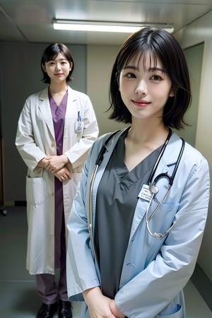 (realistic), (hyperrealism),best quality, masterpiece,ultra high res, (photorealistic:1.4),1girl, simple gray background, formal dress,upper body, labcoat over scrubs, short hair bob, black hair, hospital exam room, stethoscope, mature ,LABCOAT OVER SCRUBS,More Detail, (full body), looking at viewer, smile ,