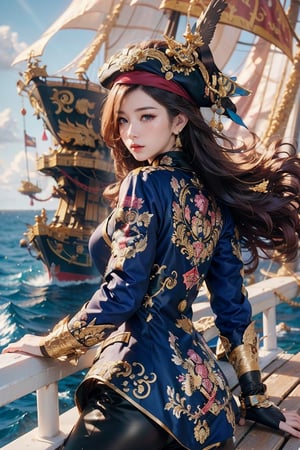 A young female pirate with long hair, holding a pirate gun in her hand, wearing nothing but putting on a coat with fur and feather,((pirate hat, eye patch)), the coat fluttering in the wind, leather pants, leather boots, she is on a pirate ship, there is smoke floating behind, there are people who is falling into the sea, there is ocean, there is sunlight, backlit shooting, the light and shadow are obvious, and the movie atmosphere, CharmaineR01, HKgirl01