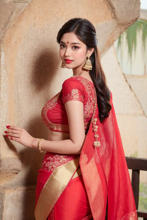 1girl, solo, long hair, looking at viewer, smile, black hair, dress, holding, brown eyes, jewelry, standing, earrings, looking back, from behind, saree, realistic, red lips,XiaoYou02,realhands, AverageFace07, ChinaGirl07
