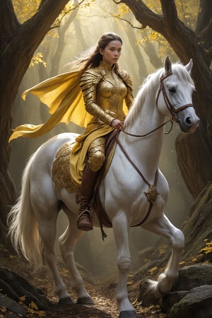 fairy tale horse rider, in the style of cinematic montages, dragon art, franciszek starowieyski, yellow and white, john howe, hyper-realistic details, himalayan art. magical, fantastical, enchanting, storybook style, highly detailed