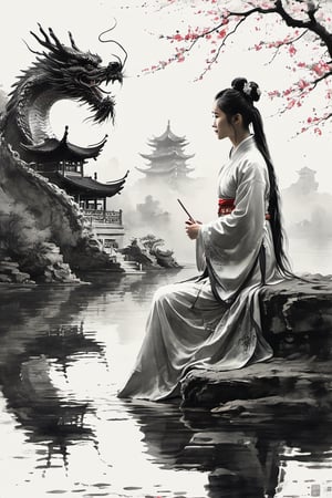 (masterpiece, top quality, best quality,aesthetics:1.2),ultra-detailed,1 girl,long hair,hanfu,chinese dragon,chinese girl
,oil paint by ,the pond