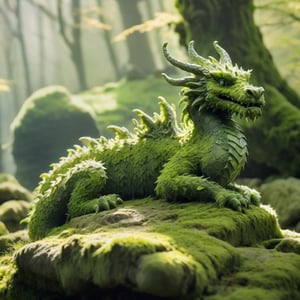 Moss Dragon, Covered in soft, green moss, (Soft Focus), atop an ancient (stone) ruin, (dewy) morning ambiance, (forest) backdrop with (sunlight) peeking through, cool green spring day, green shadows