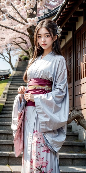 masterpiece, best quality, 1girl, beautifull eyes, Beautiful face, delicate eyes, smile, long hair, kimono, tree, stairs, standing, sky, cherry blossoms, temple, looking at viewer, upper body, from below, 