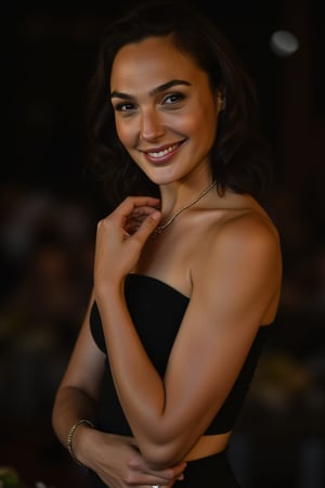 [ a  photo of hot  woman GalGadotFlux  ] gal gadot

 [ She has a extremely  tall, athletic physique that combines elegance with strength. Her arms are long and muscular. Orangish shiny skin tone. She has a , muscular build with defined arms, shoulders, and a toned core, reflecting her dedication to fitness. She has extremely broad fleshy shoulders. Her long legs add to her statuesque appearance, while her balanced muscle tone enhances both her strength and agility. This mix of height, toned muscles, and sleek lines gives her a powerful yet graceful presence, perfect for her action roles. ]

[ Mainly Focus to empathize her tallness and sexyness of the  figure  ]

The photo captures a woman with an muscular , well-defined physique and a naturally radiant appearance. Her skin has a smooth, even texture and a warm tone that highlights her health and vitality. She has dark hair styled in a slightly tousled, shoulder-length cut, with a bit of volume that frames her face, adding character to her look. Her muscular shoulders and toned upper arms are visible, indicating her strength and dedication to fitness, while her complexion is fresh and glowing, emphasizing her natural beauty. She is not wearing makeup or lipstick, which enhances her natural look and highlights her authentic features.

She is dressed in a strapless, dark-colored outfit, possibly a top or dress, that fits her form well and accentuates her athletic build. She accessorizes with a simple necklace, which she holds with one hand, and a stylish wristwatch on the opposite wrist. The outfit and accessories are subtle yet sophisticated, complementing her physique without overpowering it, and adding a touch of elegance to her look.

Her expression is open and warm, with a genuine smile that conveys friendliness and confidence. She seems comfortable and relaxed, with a natural ease in front of the camera. Her demeanor is approachable and down-to-earth, adding an inviting quality to the photo. Her behavior appears unposed, capturing a candid moment that enhances the authenticity of the shot.

The lighting in the photo is soft and even, creating a warm atmosphere that accentuates her skin tone and the texture of her outfit. The dark background helps her figure stand out clearly, drawing attention to her features and attire. The photo has a professional quality with a highly realistic finish, capturing the smallest details with clarity.

Additional details, like the texture of her hair, the slight shadowing on her skin, and the gleam on her watch, add to the photorealistic quality of the image. The overall composition highlights her as a strong, naturally beautiful individual, balancing elegance with an athletic and authentic charm.

( Empathize her extremely sexualized tall figure. Insanely detailed skin texture. Photorealistic. Depth of field. Make sure to make The Female Character  overly sexualized  )