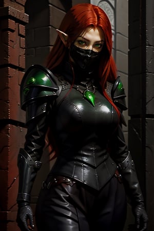 female bloodelf, rouge, redhead with green eyes, black leather armor, dark feminine, goth, masked