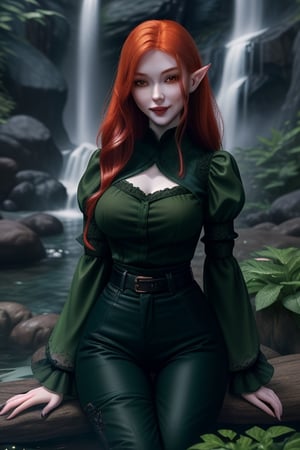 pale redhead bloodelf with doll like features and a smirk, with dark green glowing eyes, wearing dark pants, a dark blouse with waterfall sleeves and a dark blue west over it, wearing overknee boots and with mischief look