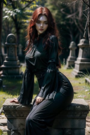 skin=pale; hair=red; race=bloodelf univers=warcraft; face=gentle features, smirk; eyes=green; clothing=black trousers, black blouse, waterfall sleeves, overknee boots; Expression=mischief,serious; background=western graveyard 