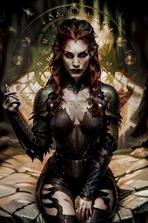 pale elf with feminine features and a smirk, red middle length hair, with dark green glowing eyes, wearing dark leather armor and overknee boots and with mischief look