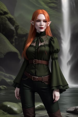 pale redhead elf with doll like features and a smirk, with green eyes, wearing dark pants, a dark blouse with waterfall sleeves and a dark west over it, wearing overknee boots and with mischief look, undead city in the backgrounds, rogue 