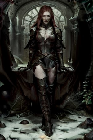 pale elf with feminine features and a smirk, red middle length hair, with dark green glowing eyes, wearing dark leather armor and overknee boots and with mischief look, graveyard in the backgrounds 