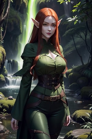 pale redhead bloodelf with doll like features and a smirk, with dark green glowing eyes, wearing dark pants, a dark blouse with waterfall sleeves and a dark  west over it, wearing overknee boots and with mischief look, elven ears and green glowing eyes are important, undead city in the backgrounds 