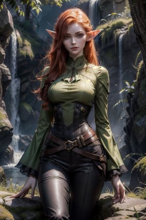 pale bright redhead bloodelf with doll like features and a smirk, with dark green glowing eyes, wearing dark pants, a dark blouse with waterfall sleeves and a dark  west over it, wearing overknee boots and with mischief look, elven ears are important, undead city in the backgrounds 
