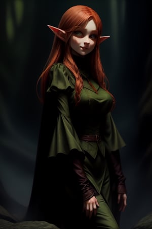 pale redhead elf with doll like features and a smirk, with dark green eyes, wearing dark pants, a dark blouse with waterfall sleeves and a dark  west over it, wearing overknee boots and with mischief look, elven ears 