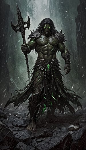 masterpiece, best quality, ultra high res, beautiful, visually stunning, elegant, incredible details, award-winning painting, (dark art:1.1), deep shadow, (dark theme:1.2), , rage, glowing, aura, energy, beam, flying debris, [serious|angry], floating hair, CLOSE-UP PORTRAIT, BERSERKER, muscular,full_body,green strong wind behind,Fangtian Halberd,emerald green armor