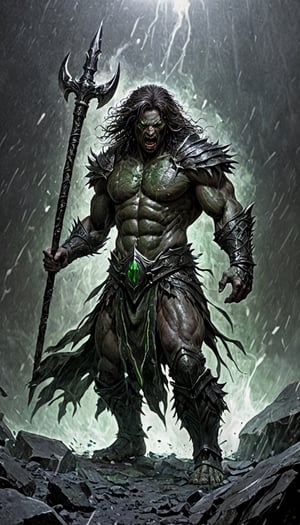 masterpiece, best quality, ultra high res, beautiful, visually stunning, elegant, incredible details, award-winning painting, (dark art:1.1), deep shadow, (dark theme:1.2), , rage, glowing, aura, energy, beam, flying debris, [serious|angry], floating hair, CLOSE-UP PORTRAIT, BERSERKER, muscular,full_body,green strong wind behind,Fangtian Halberd,emerald green armor