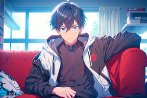 1boy, male focus, solo, black hair, jacket, looking at viewer, black_shirt, shirt, hood, upper body, sitting, anime coloring, blue jacket, couch, open clothes