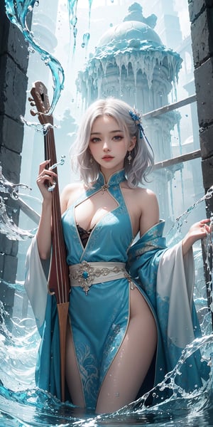 (masterpiece, top quality, best quality, official art, beautiful and aesthetic 1.2), (1girl 1.2), extreme detailed,(abstract 1.4, fractal art 1.3),(silver_hair 1.1), fate \(series\), colorful,highest detailed, ice, lightning, (splash_art 1.2), jewelry 1.4, hanfu, scenery, ink, left hand using water magic, Holding the lute in the right hand,behind her there is cyan tortoise