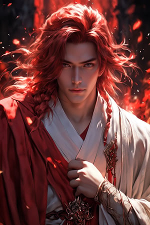 1boy, short korean hair, looking at viewer, bangs, long white sleeves. behind him there is a Suzaku, hair between eyes, full lenght body, braid, red hair, wide sleeves, hollow, robe, red robe, shallows depth of field, dramatic light, perfect composition
