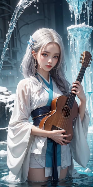 (masterpiece, top quality, best quality, official art, beautiful and aesthetic 1.2), (1girl 1.2), extreme detailed,(abstract 1.4, fractal art 1.3),(silver_hair 1.1), fate \(series\), colorful,highest detailed, ice, lightning, (splash_art 1.2), jewelry 1.4, hanfu, scenery, ink, left hand using water magic, Holding the lute in the right hand