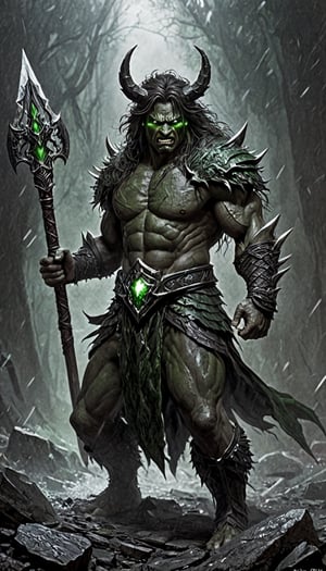 masterpiece, best quality, ultra high res, beautiful, visually stunning, elegant, incredible details, award-winning painting, (dark art:1.1), deep shadow, (dark theme:1.2), , rage, glowing, aura, energy, beam, flying debris, [serious|angry], floating hair, CLOSE-UP PORTRAIT, BERSERKER, muscular,full_body,green strong wind behind,Fangtian Halberd,emerald green armor