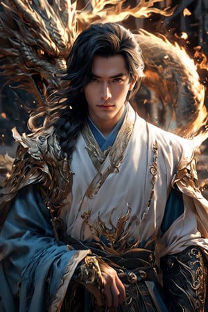 1boy, short korean hair, looking at viewer, bangs, long white sleeves. behind him there is dragon with horn, hair between eyes, full lenght body, braid, black hair, wide sleeves, hollow, robe, golden and blue robe, shallows depth of field, dramatic light, perfect composition