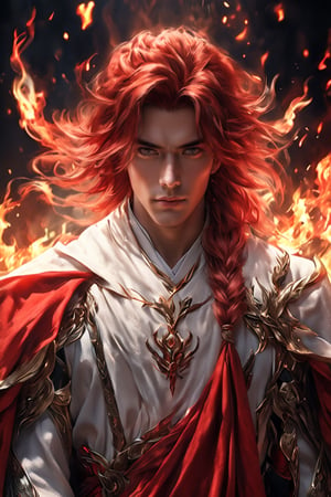 1boy, short korean hair, looking at viewer, bangs, long white sleeves. behind him there is flaming Phenix, hair between eyes, full lenght body, braid, red hair, wide sleeves, hollow, robe, red robe, shallows depth of field, dramatic light, perfect composition