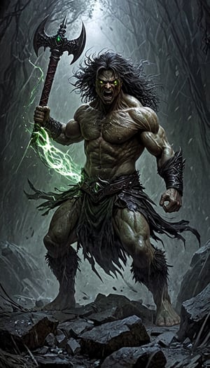 masterpiece, best quality, ultra high res, beautiful, visually stunning, elegant, incredible details, award-winning painting, (dark art:1.1), deep shadow, (dark theme:1.2), , rage, glowing, aura, energy, beam, flying debris, [serious|angry], floating hair, CLOSE-UP PORTRAIT, BERSERKER, muscular,full_body,green strong wind behind,Fangtian Halberd,