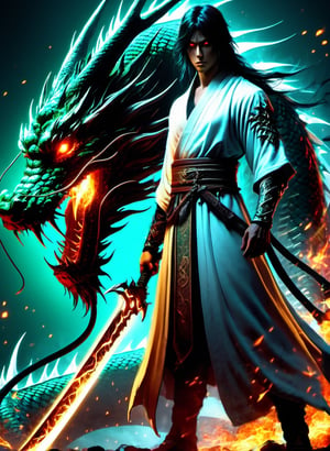 minimalism, WLOP art style, a character worrior with  long ghostblade in hand, , eye light, sharpness, bone dragon, dragon, cinematic foootage, (full body), intricate details,8k post production, faithful, Religious denomination,colorful cinematic, dark gold green red white blue  fire, high saturation