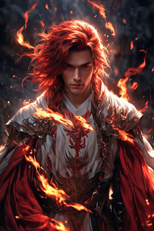 1boy, short korean hair, looking at viewer, bangs, long white sleeves. behind him there is a powerful flaming Phenix, hair between eyes, full lenght body, braid, red hair, wide sleeves, hollow, robe, red robe, shallows depth of field, dramatic light, perfect composition