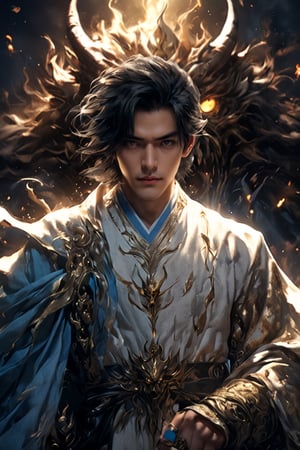 1boy, short korean hair, looking at viewer, bangs, long white sleeves. behind him there is monster with horn, hair between eyes, full lenght body, braid, black hair, wide sleeves, hollow, robe, golden and blue robe, shallows depth of field, dramatic light, perfect composition