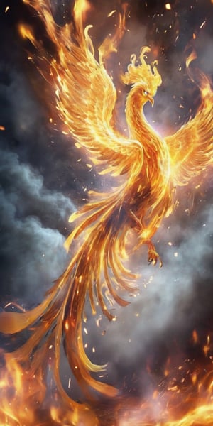 A majestic fire elemental emerging from the ground, ((Elemental Fire))), a fire phoenix composed of fire and flames, decorated with intricate patterns resembling swirling smoke and sparks, extraordinary and visually striking artwork, high angle, movie lighting, movie, monster, fire element, legendary dark fantasy
