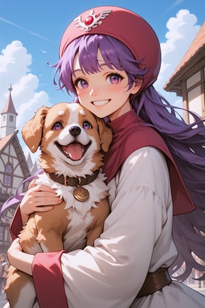 core_9, score_8_up, score_7_up, score_6_up, source_anime, portrait, 
1girl, solo, princess of moonbrook, purple eyes, purple hair, long hair, 
dress, white dress, hood, long sleeves, wide sleeves, 
medieval town, square, sky, outdoors, 
looking pleasured, happy, smile, light blush, holding dog, hugging dog, p3tl0v3, 