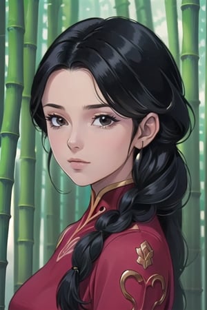 masterpiece, best quality, ultra-detailed, 8k, (detailed background, complex background:1.2), (perfect face, detailed face), shunr3ycdz, Shunrei, black hair, long hair, one braid, black eyes, (red china dress, left sleeve, black gloves), Bamboo forest, deep in the mountains of China
