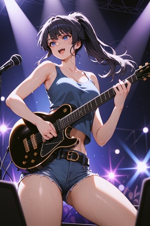 score_9, score_8_up, score_7_up, score_6_up, source_anime, 
1girl, solo, mdk, black hair, long hair, ponytail, blue eyes, 
navy tank top, denim shorts, belt, 
stage, colorfull lighting, outdoor, 
playing guitar, singing, microphone stand, sweating, 