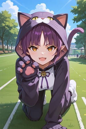 score_9, score_8_up, score_7_up, score_6_up, masterpiece, best quality, ultra-detailed, highres, absurdres, 
1girl, solo, nekomusume, cat girl, purple hair, short hair, single hair bun, yellow eyes, pointy ears, 
cat costume, cat paw gloves, 
Park, lawn, outdoors, , day time, 
all fours on lawn, one hand paw pose, smug smile, open mouth, light blush, looking at viewer, 