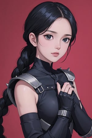 masterpiece, best quality, ultra-detailed, 8k, (detailed background, complex background:1.2), (perfect face, detailed face), shunr3ycdz, Shunrei, black hair, long hair, one braid, black eyes, shoulder pads, armor, bodysuit, shoulder armor, spikes, pauldrons, fingerless gloves, 