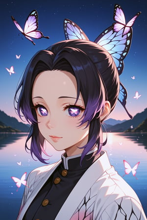 core_9, score_8_up, score_7_up, score_6_up, source_anime, 
1girl, solo, shinobu kochou, black hair, forehead, gradient hair, multicolored hair, parted bangs, purple hair, short hair, two-tone hair, butterfly, hair ornament, butterfly hair ornament, (detailed butterfly-shaped pupils), 
haori, japanese clothes, uniform, demon slayer uniform, animal print, butterfly print, coat, 
lake, starry sky, outdoors, 
portrait, eyes close-up, eyes focus, 