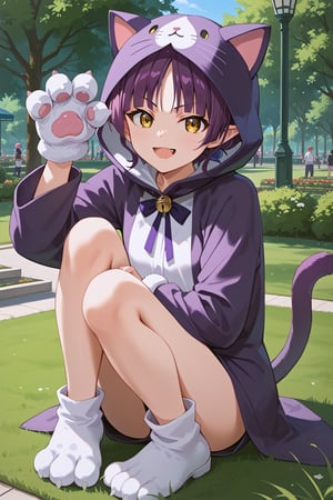 score_9, score_8_up, score_7_up, score_6_up, masterpiece, best quality, ultra-detailed, highres, absurdres, 
1girl, solo, nekomusume, cat girl, purple hair, short hair, single hair bun, yellow eyes, pointy ears, 
cat costume, cat paw gloves, 
Park, lawn, outdoors, , day time, 
sitting on lawn, knees up, one hand paw pose, one hand between legs, smug smile, open mouth, light blush, looking at viewer, 