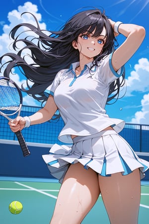 score_9, score_8_up, score_7_up, score_6_up, source_anime, 
1girl, solo, mdk, black hair, long hair, blue eyes, 
tennis wear, white shirt, short sleeves, skirt, mini skirt, 
tennis court, sky, outdoor, 
playing tennis, light smile, holding tennis racket, wind, fluttering hair, sweating, 