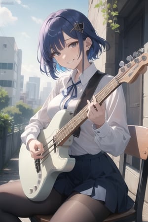 masterpiece, best quality, ultra-detailed, 8k, (detailed background, complex background:1.2), (perfect face, detailed face), yamada ryo, short hair, hair ornament, mole under eye, playing bass, indian style:1.3, sitting on chair:2.0, guitar on thigh:1.5, spread legs, ((holding instrument))), short hair, hair ornament, mole under eye, neck ribbon, collared shirt, (white shirt:1.2), long sleeves, pleated skirt, blue skirt, black pantyhose, huge breasts, kinky smiling, smirking, (open mouth:0.1), shiny skin, looking at viewer, playing guitar, Ruins:1.5, outdoor, 