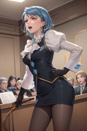 masterpiece, best quality, ultra-detailed, (detailed background, complex background:1.2), (perfect face, detailed face), aafranziska, 1girl, solo, blue hair, scot, puffy sleeves, pencil skirt, pantie under pantyhose, black gloves, jewelry, earrings, open mouth, objection, holding whip, courtroom, indoors, court, from front, low angle, 