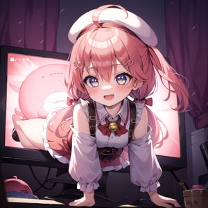 masterpiece, best quality, ultra-detailed, highres, absurdres, 
1girl, solo, (chibi:1.5), SakuraMiko, MikoCasual, pink hair, long hair, ahoge, low twintails, 
hat, jingle bell, collared shirt, corset, red skirt, bow, shoulder cutout, 
((through screen, stuck, monitor, upped body)), 
Extending hand forward, wide eyes, sparkling eyes, wide mouth, happy, 
