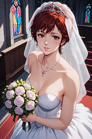 score_9, score_8_up, score_7_up, score_6_up, score_anime, 
1girl, solo, KM, red hair, brown eyes, make up, 
wedding dress, bridal veil, necklace, 
church, indoors, 
standing, contrapposto, holding bouquet, light smile, watery eye, parted lips, light blush, looking at viewer, face focus, close up, from above, 